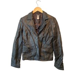 Guess Black Leather Moto Jacket Short Cropped 90s Biker Size L Goth Button